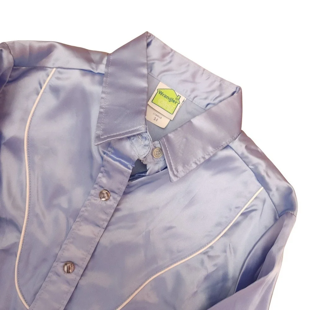 Wrangler Satin Western Shirt‎ Periwinkle Blue Pearl Snaps Girls Size 14 Vintage